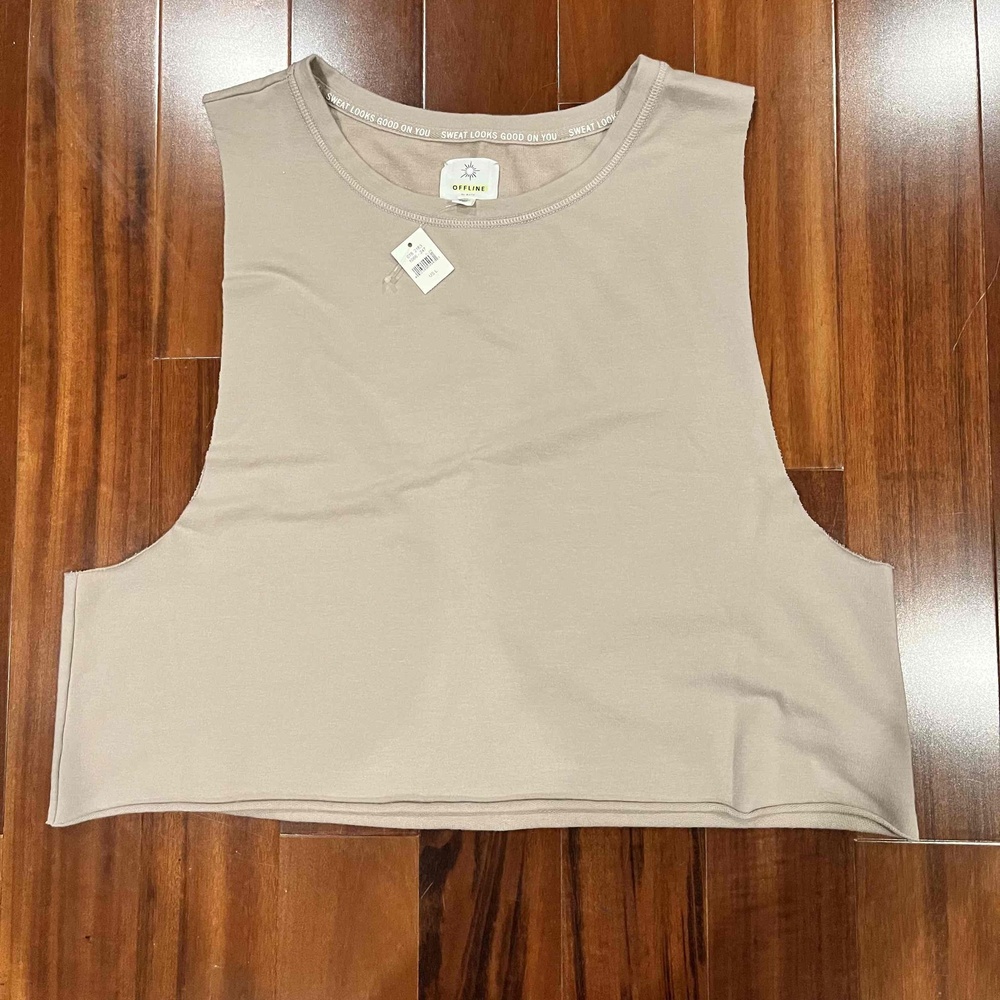 New NWT OFFLINE By Aerie Beige Pink Crop Tank Top Sleeveless Athletic Sz Large